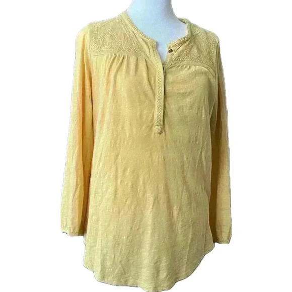Lucky Brand Henley style Embroidered Shirt Yellow Top - Picture 1 of 8